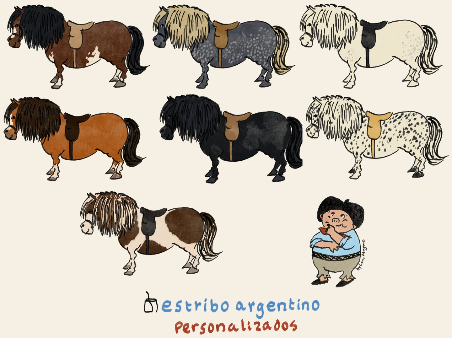Siete caballos con silla estribo, en distintos pelajes