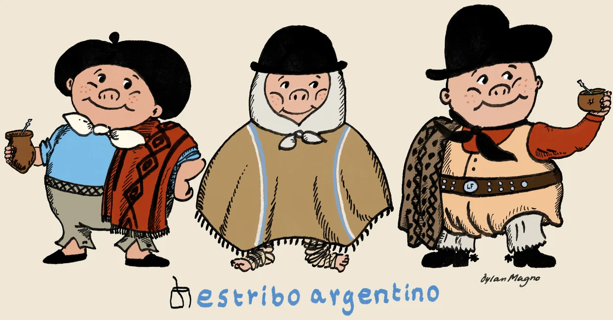 Tres gauchos con poncho tomando mate, ilustración de Dylan Magno