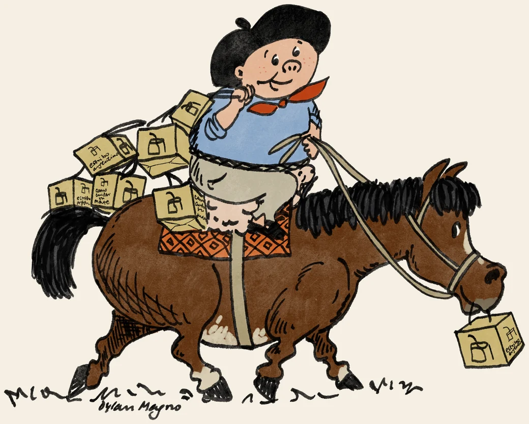 Gaucho a caballo cargado de cajas de Estribo Argentino, ilustración de Dylan Magno